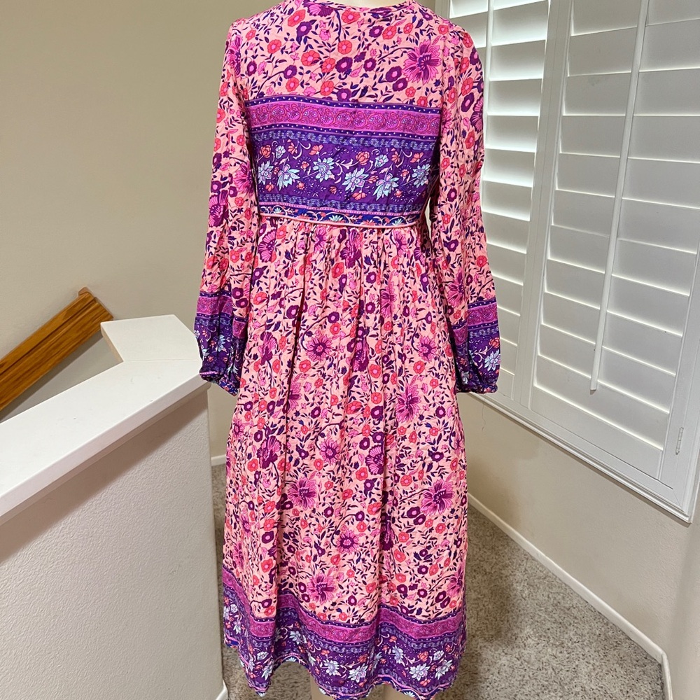 Bohemian Boho Hippie‎ Modest Paisley Floral Peasant Lounge Midi Dress Size Small - Picture 5 of 11